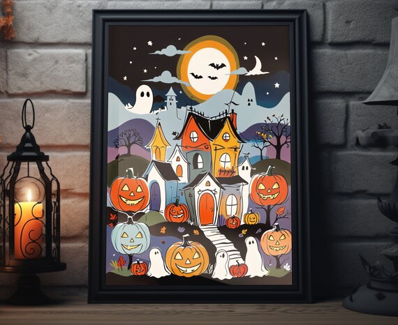 Spooky Halloween Town Under Full Moon Ghosts Pumpkins Art Poster