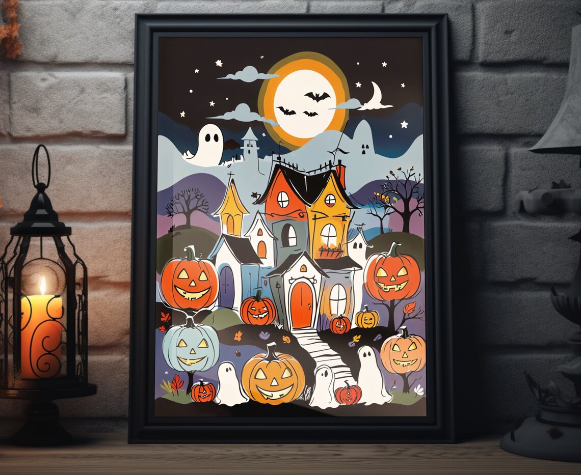 Spooky Halloween Town Under Full Moon Ghosts Pumpkins Art Poster