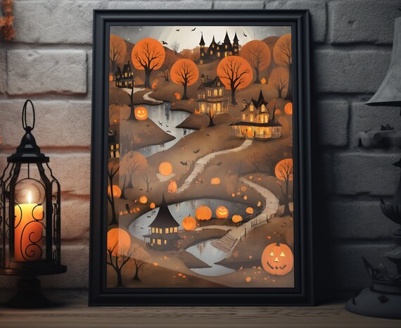 Haunted Halloween River Night Glowing Jack o Lanterns Spooky Poster