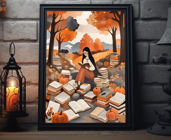 Woman With Glasses Reading Among Pumpkins And Books Autumn Forest Poster