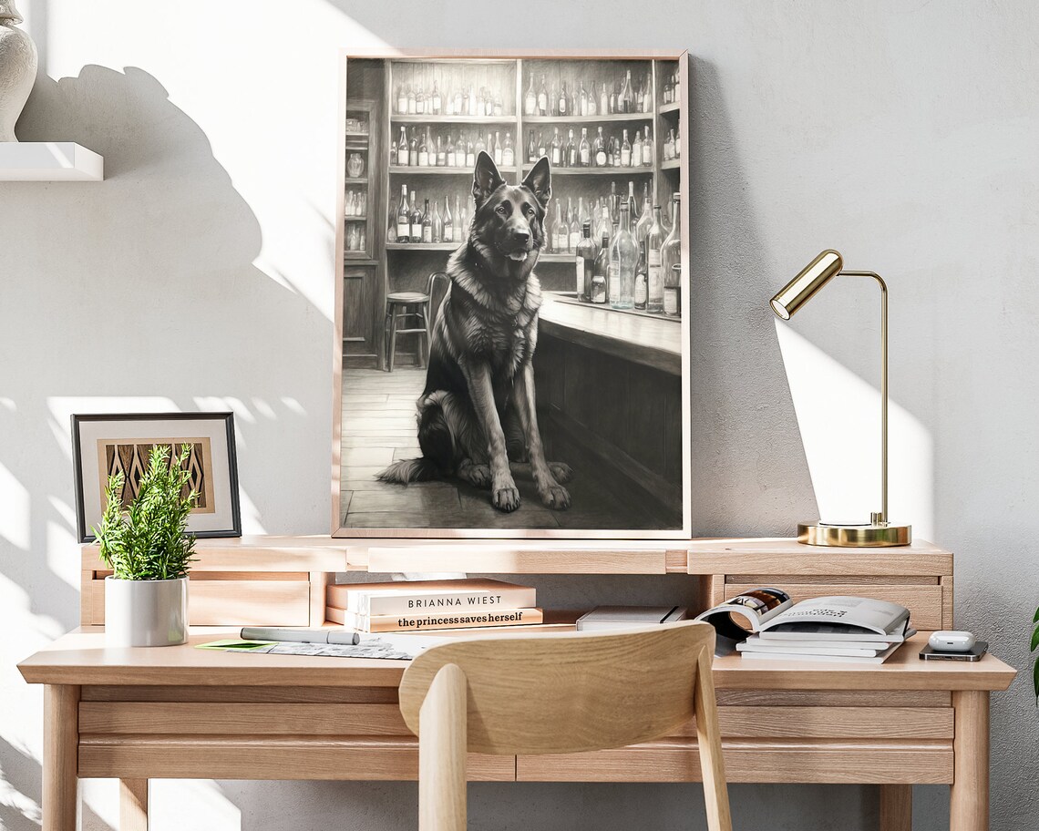 Black German Shepherd Bar Art Print, Beer Sketch - Image 4