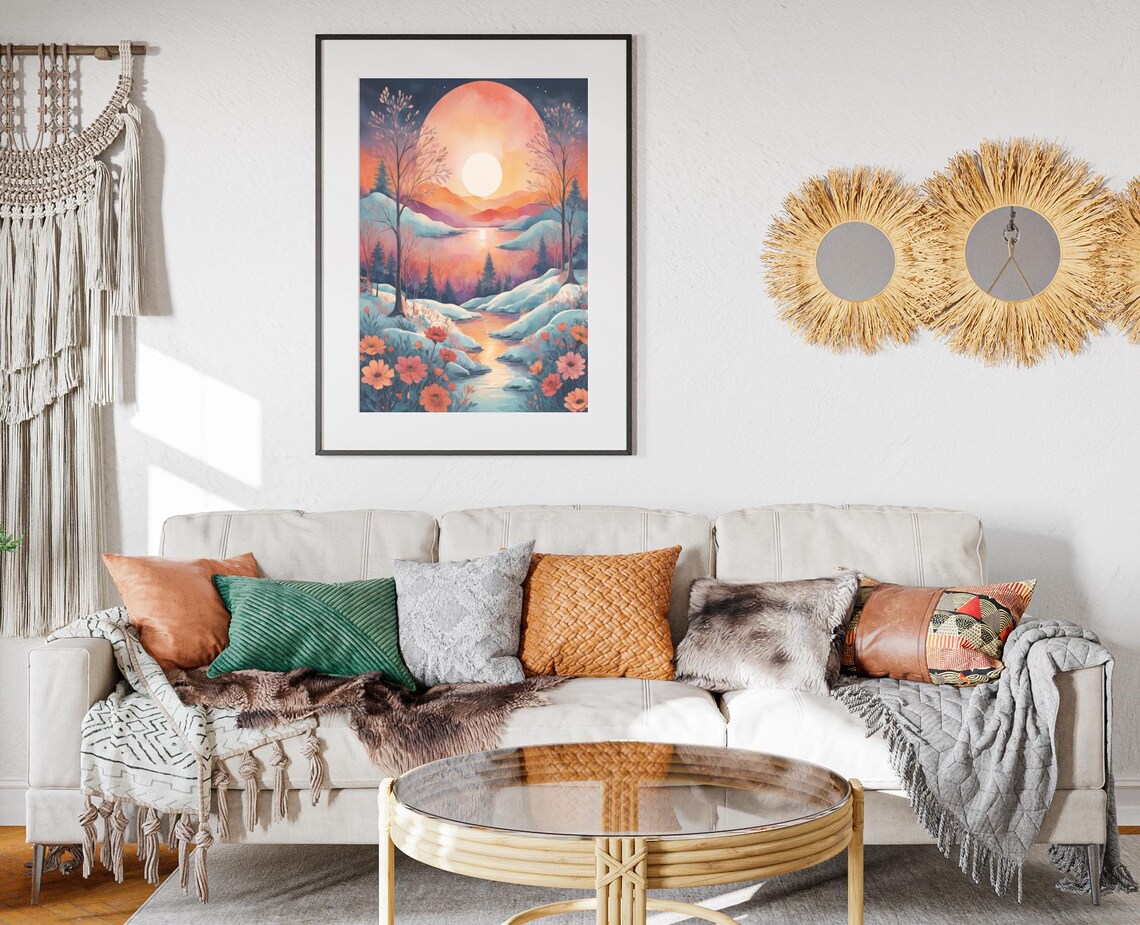 Winter Sunset Pink Mountains Snowy Lake Orange Flowers Poster - Image 2