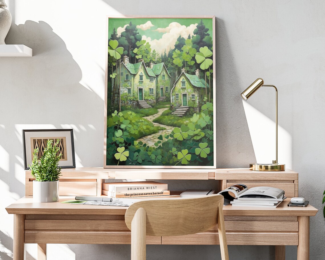 Irish Four Leaf Clover Folk Art Green Stone Cottages Shamrock Valley Poster - Image 4