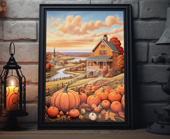 Sunset Farmhouse River Pumpkin Harvest Golden Fall Art Poster