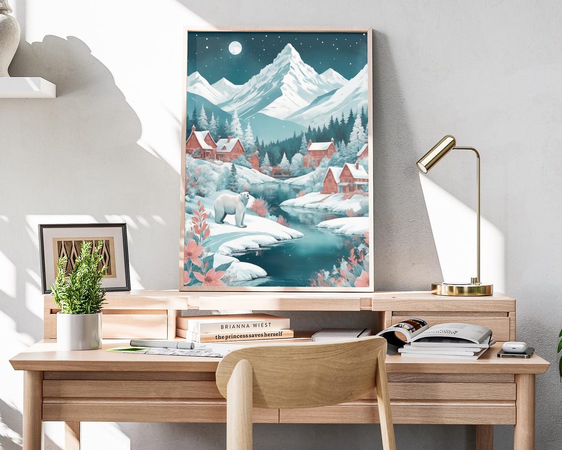 Polar Bear In Snowy Mountain Valley Night Moonlight Art Poster - Image 4