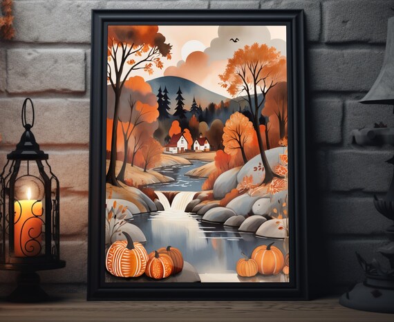 Autumn River Folk Art Waterfall Pumpkins Mountain Cabins Fall Landscape Poster