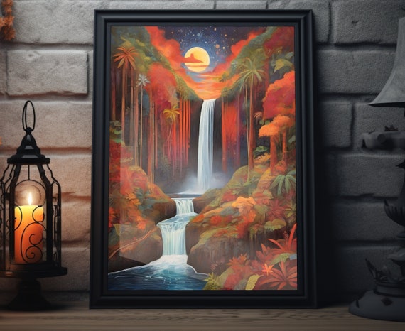 Hawaii Starry Sunset Matte Wall Art Hawaiian Waterfall Artwork Island Forest Print Hawaii Painting Hawaiian Decor Hawaii Art Poster