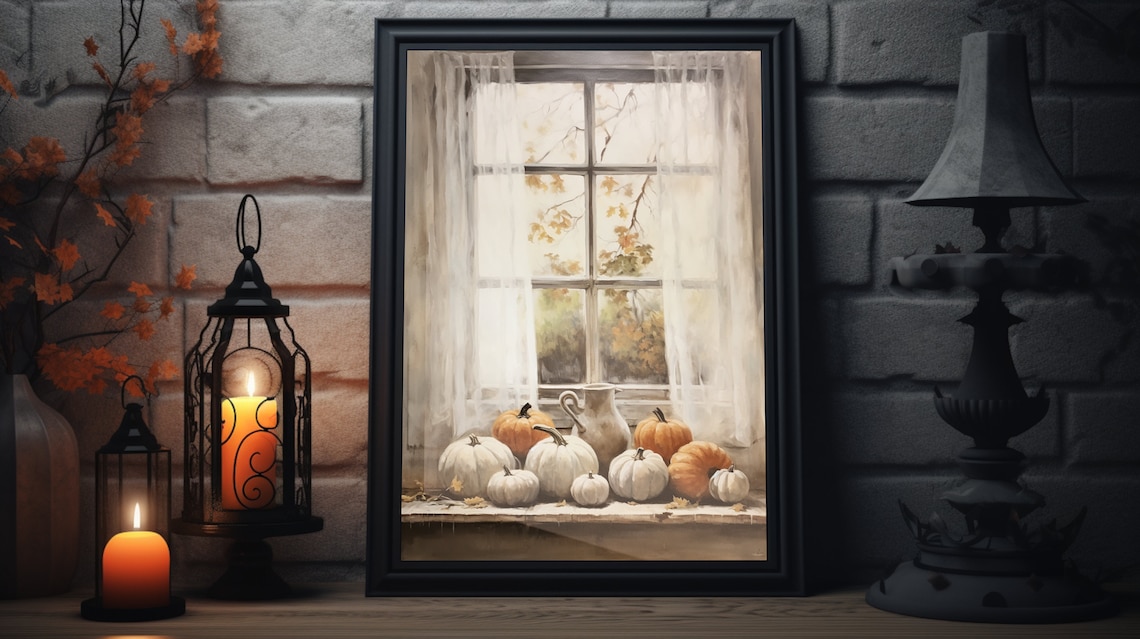 Vintage Pumpkins Windowsill Harvest Fall Farmhouse Art Poster