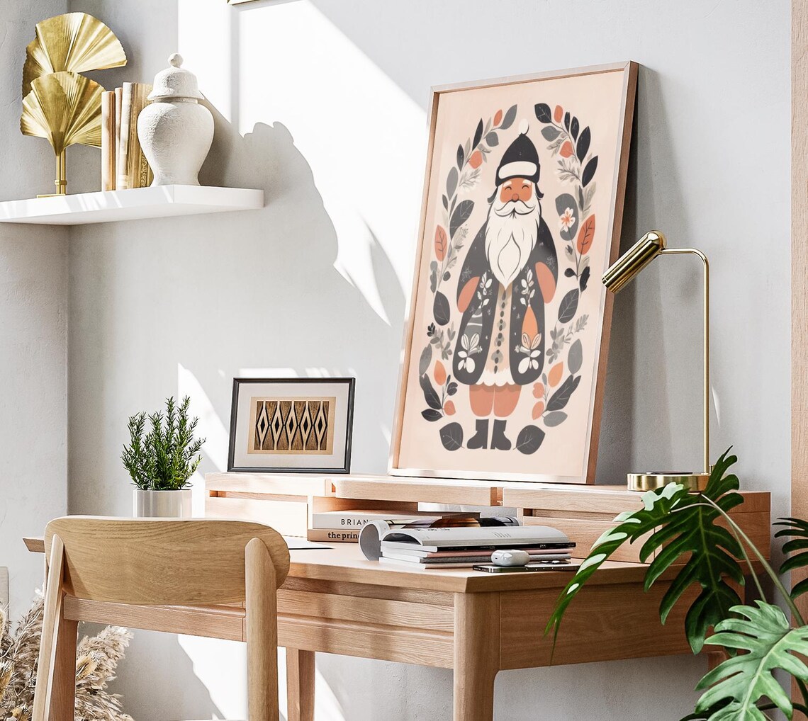 Boho Scandinavian Santa Folk Coat Botanical Wreath Holiday Poster - Image 3