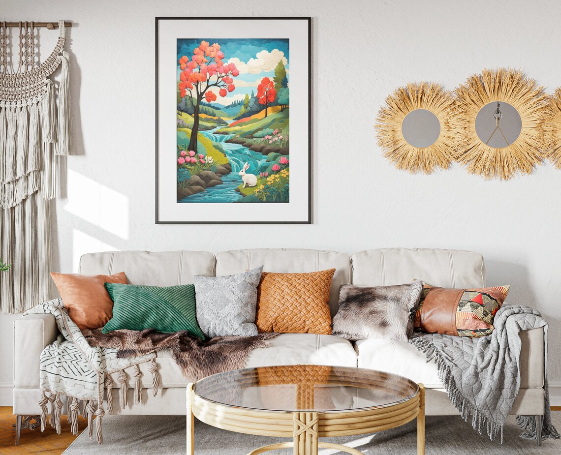 Spring Forest Stream White Rabbit Blossom Trees Folk Art Poster - Image 2