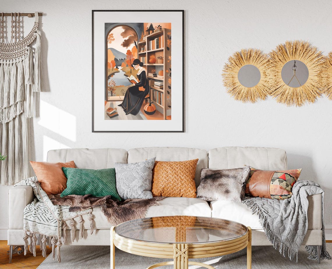 Woman Reading Window Bookshelf Pumpkins River View Fall Poster - Image 2