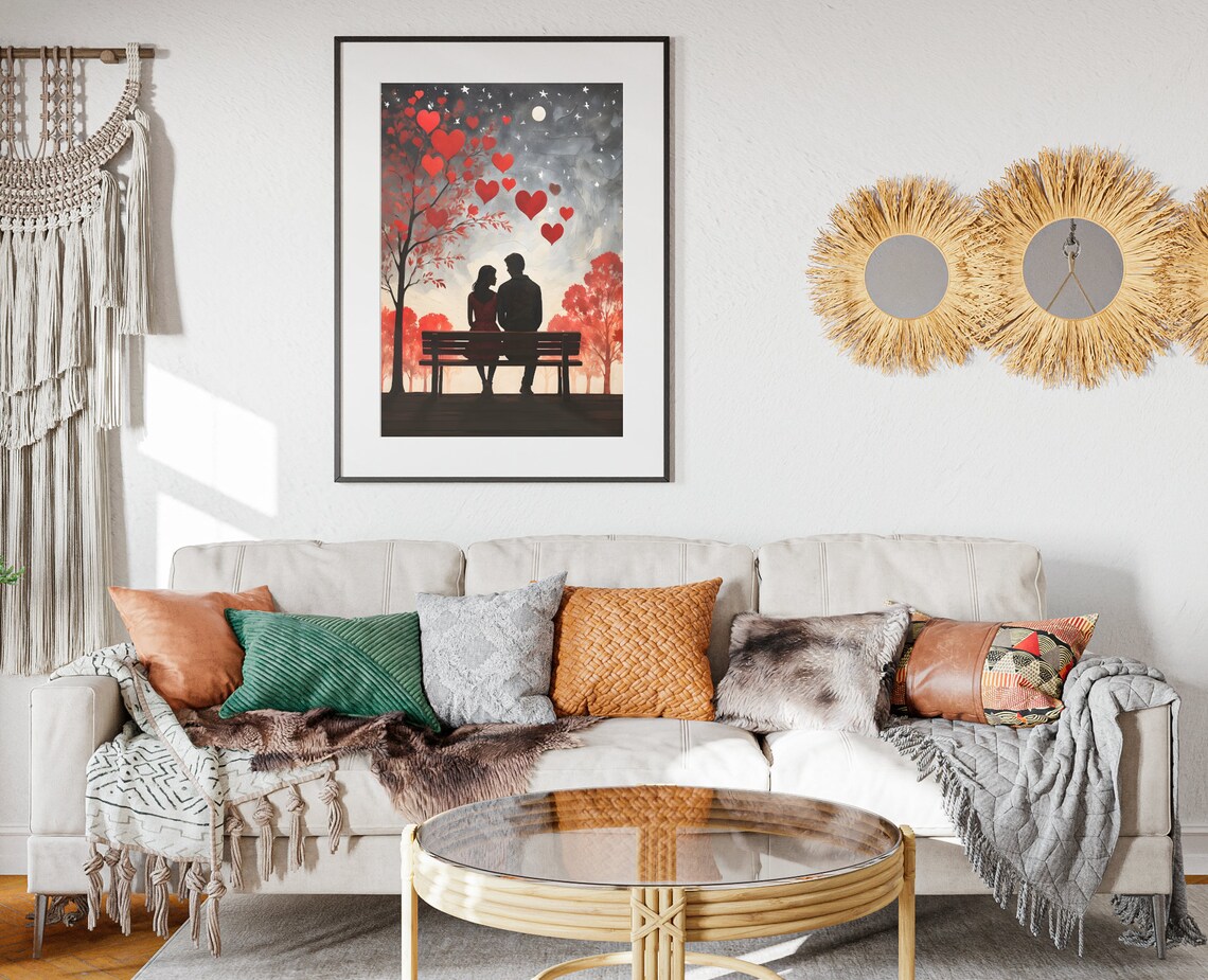 Valentines Couple Park Bench Heart Tree Starry Night Romantic Poster - Image 2