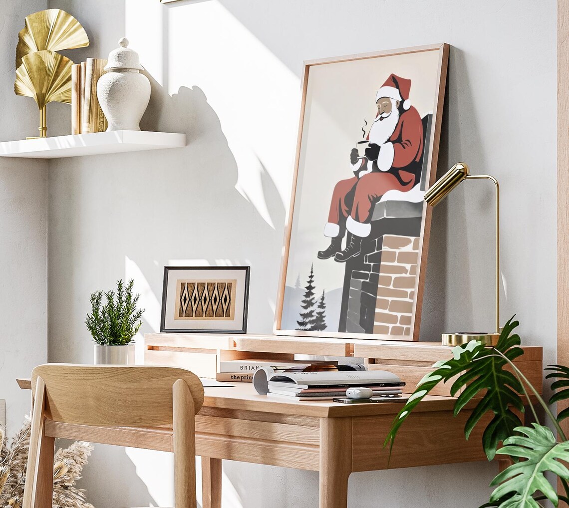 Minimalist Santa Claus Drinking Coffee On Chimney Christmas Art Print - Image 3