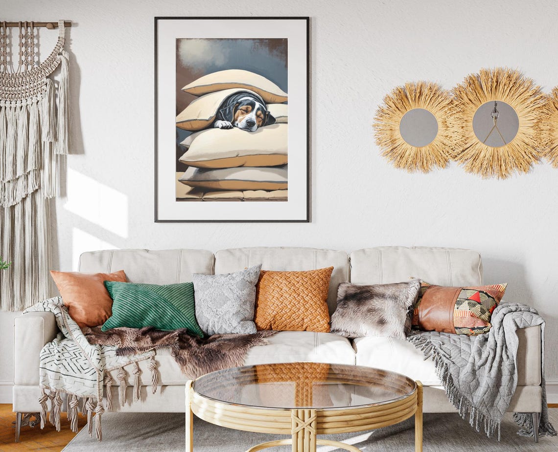 Sleeping Beagle Under Pillows Cozy Puppy Bedtime Wall Art Print - Image 2