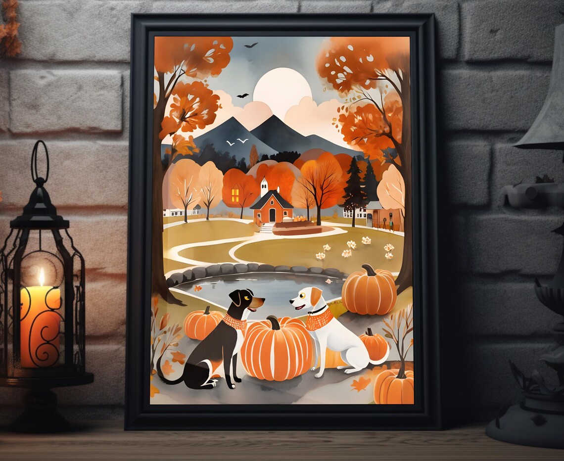 Two Dogs Harvest Pumpkins Autumn Village Pond Folk Art Poster