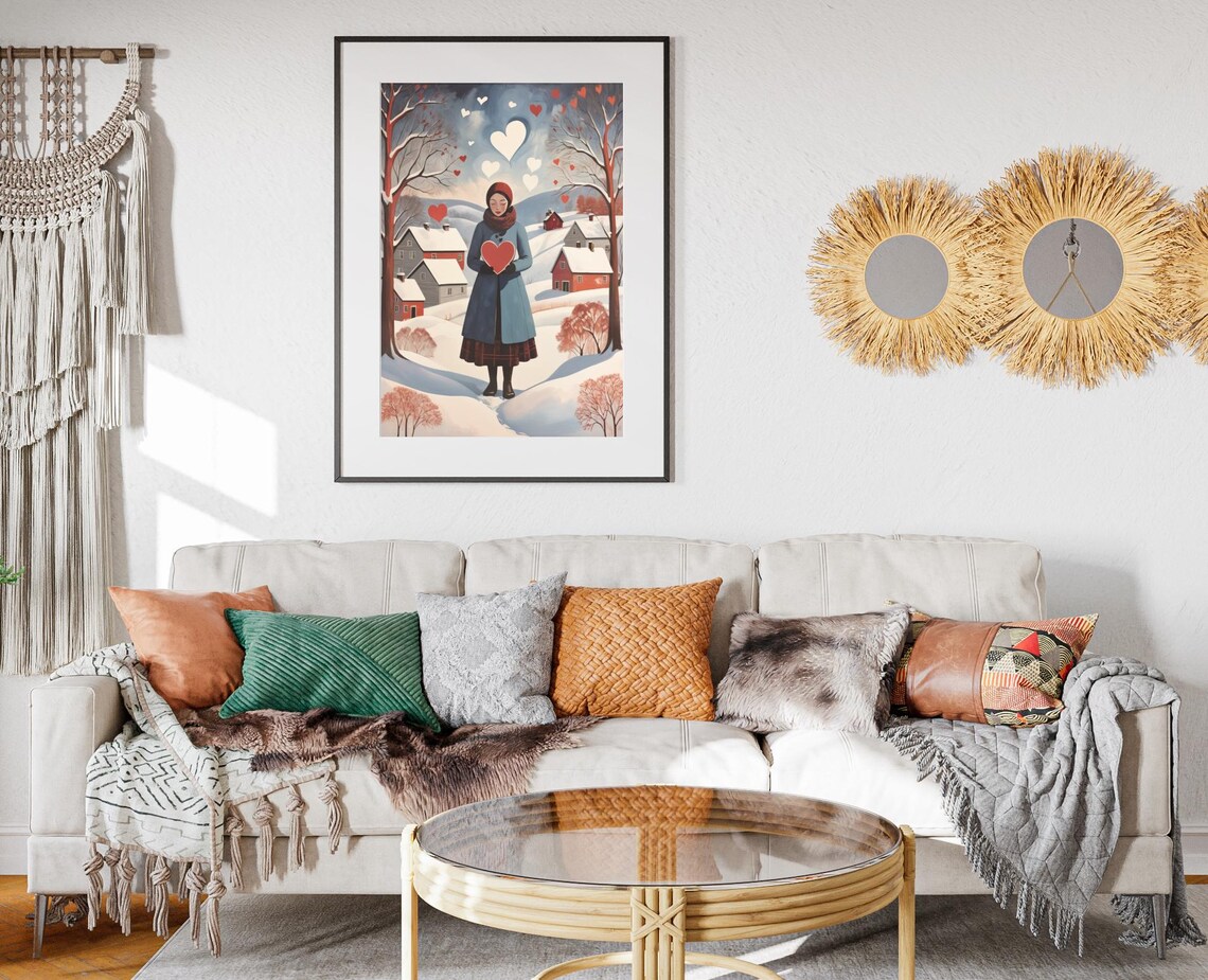 Winter Heart Folk Art Print Christmas Painting Artwork Christmas Winter Wall Art Xmas Holiday Decor For Home Snowy Holiday Poster - Image 2