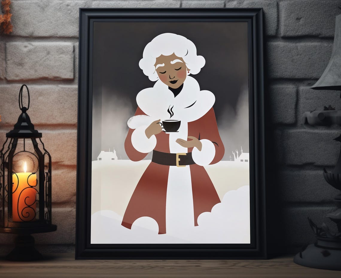 Mrs Claus Holding Hot Coffee Minimalist Cozy Christmas Art Print
