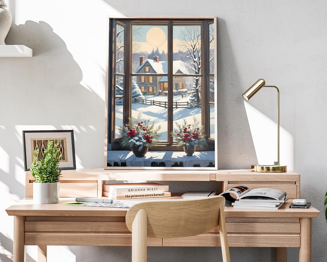 Snowy Farmhouse At Golden Sunrise Winter Window View Art Poster - Image 4