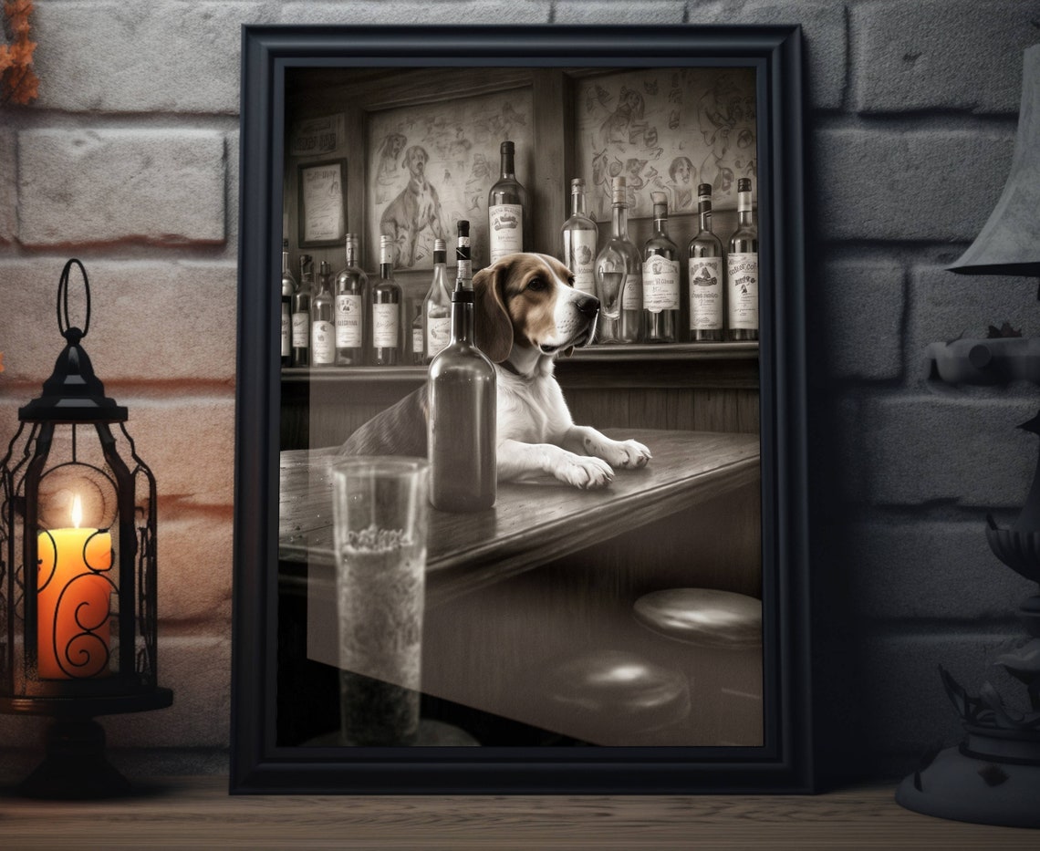Beagle Lying On Bar Counter Profile Whiskey Bottles Art Poster