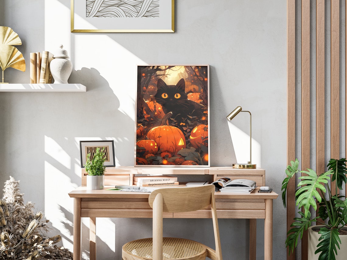 Black Cat Halloween Night Glowing Jack O Lanterns Pumpkin Patch Poster - Image 4