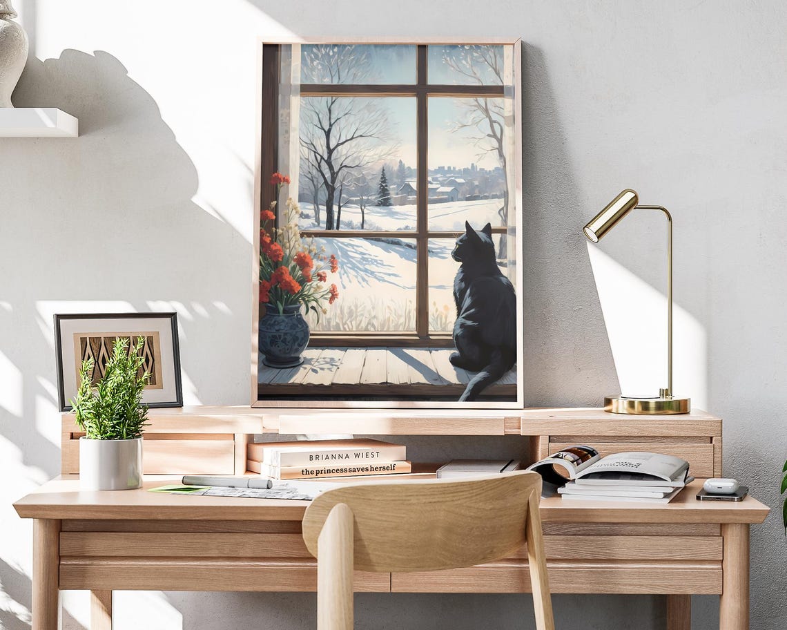 Black Cat Watching Snowy Landscape From Cozy Window Art Poster - Image 4