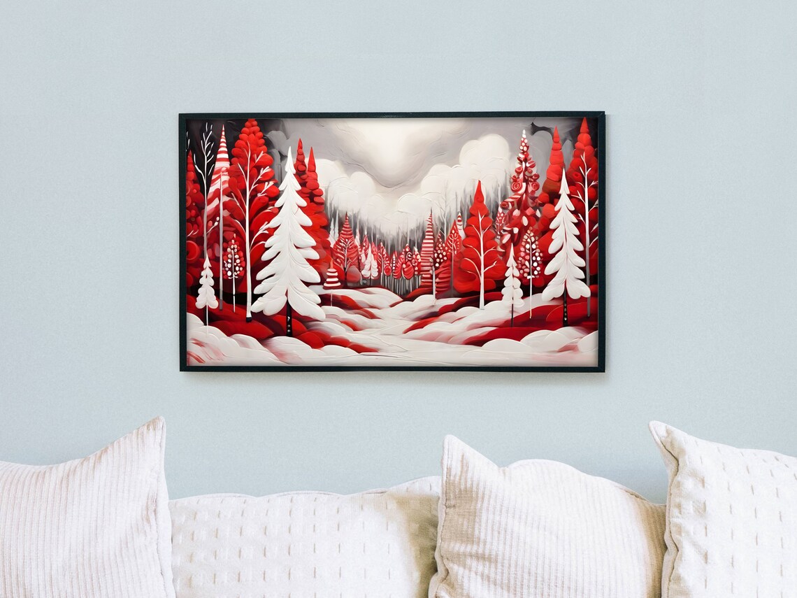 Folk Art Red White Winter Forest Snowy Trees Landscape Poster - Image 2