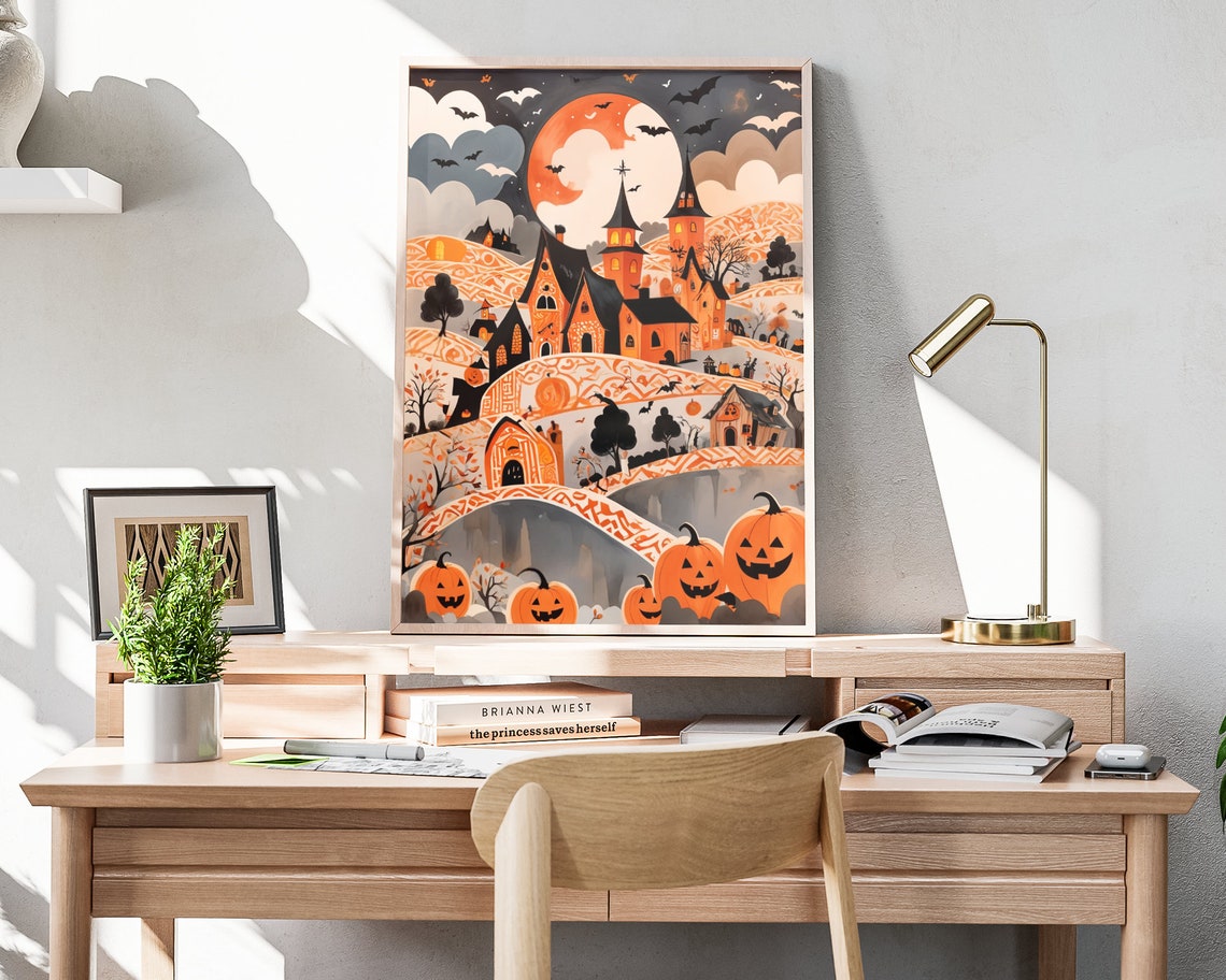 Halloween Town Red Moon Patterned Roads Pumpkins Bats Poster - Image 4