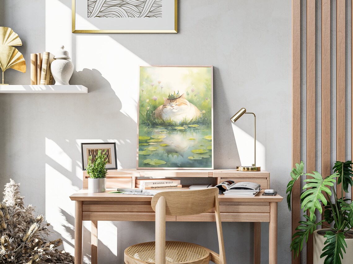 Chubby Crowned Cat Pond Lily Pads Watercolor Flower Meadow Cute Poster - Image 4