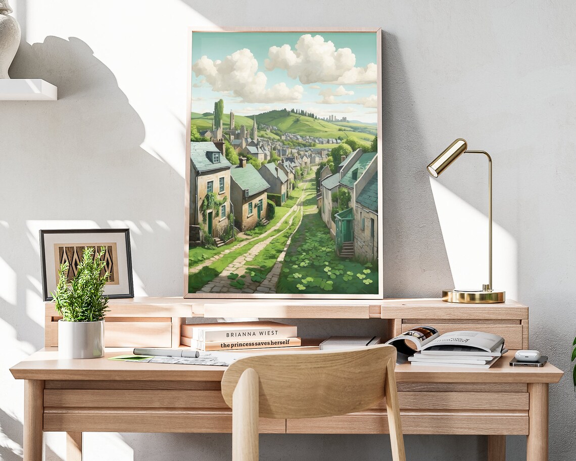 Ireland Village Street Stone Cottages Green Hills Folk Art Town Poster - Image 4