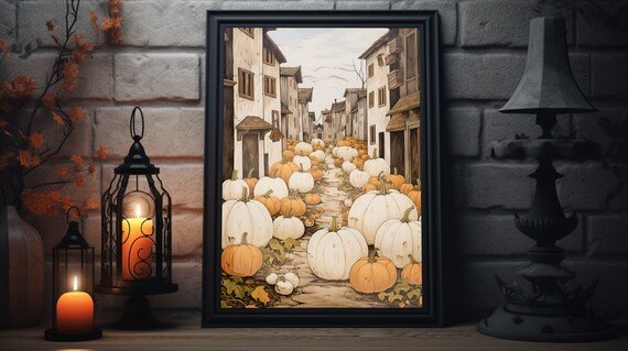 Rustic Fall Pumpkin Street Old Town Harvest Pumpkins Lane Folk Art Poster
