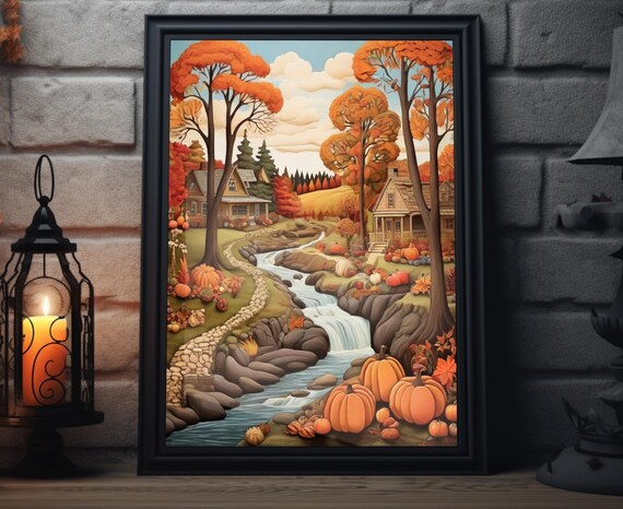 Autumn Valley Farmhouses Stream Stone Path Pumpkin Folk Art Poster
