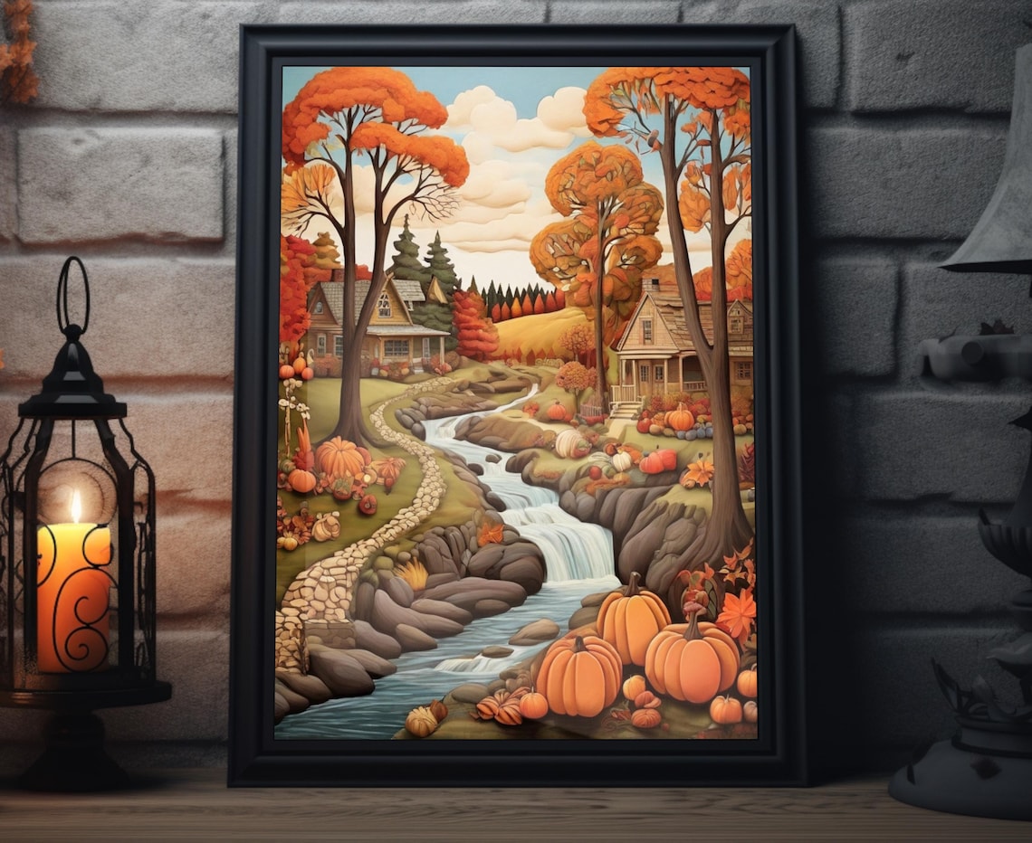 Autumn Valley Farmhouses Stream Stone Path Pumpkin Folk Art Poster