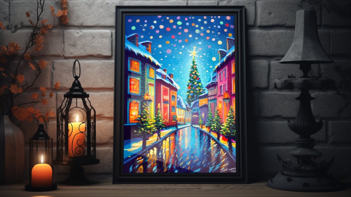 Christmas Town Painting Matte Poster Festive Holiday Decor Christmas Winter Wall Art Classic Holiday Colors Xmas Holiday Art Print