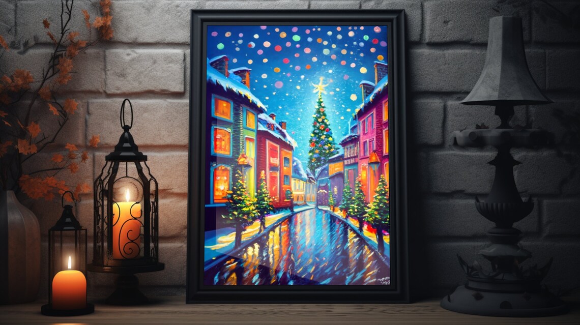 Colorful Christmas Town Snowy Street Tree Lights Holiday Poster