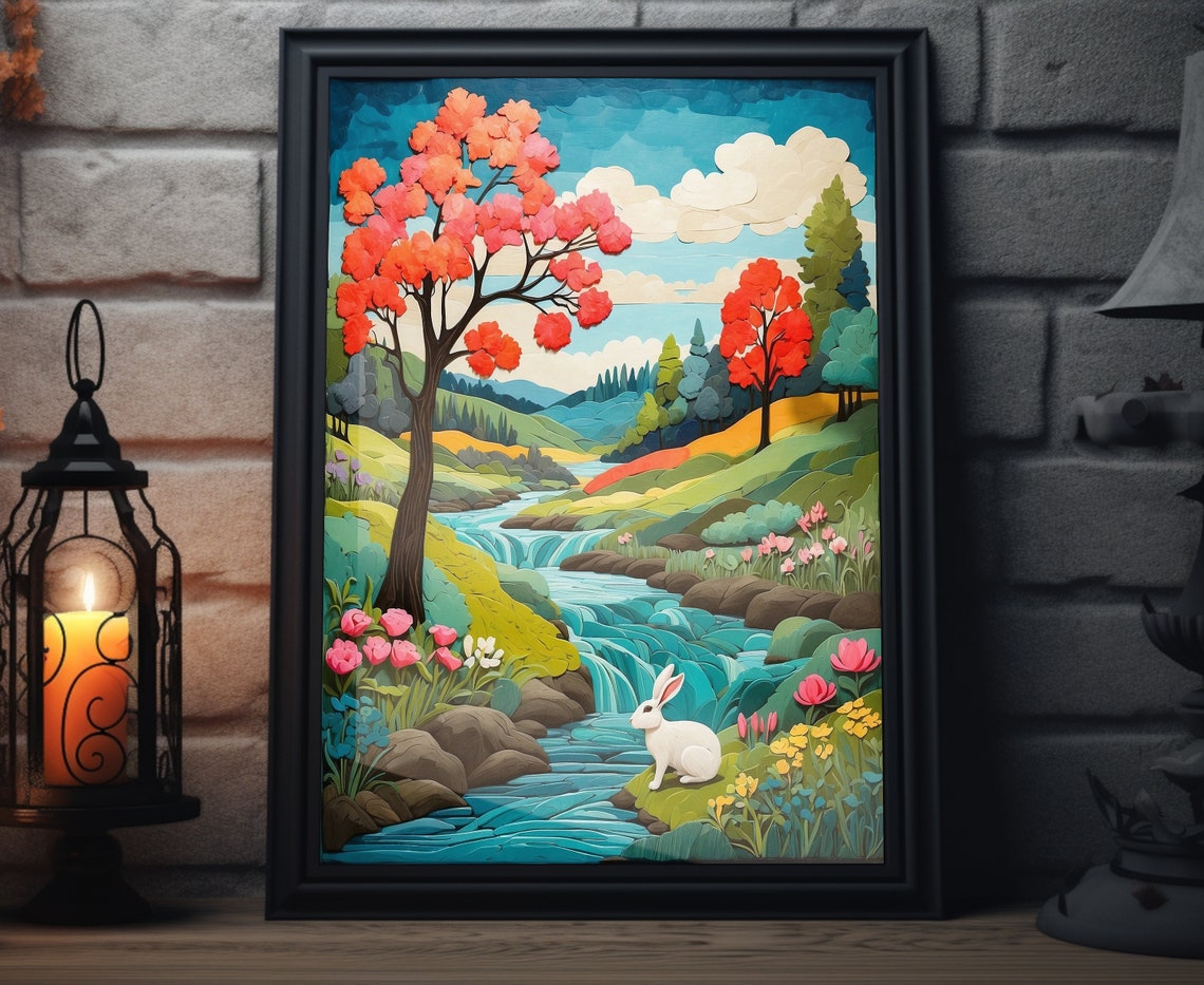 Spring Forest Stream White Rabbit Blossom Trees Folk Art Poster