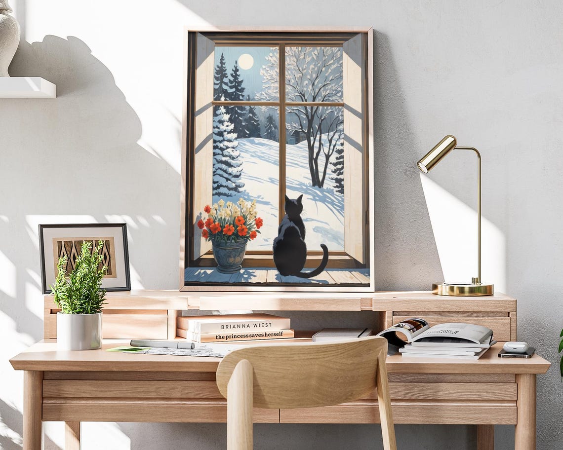 Black Cat Window Watching Snowy Moonlit Forest Winter Art Poster - Image 4