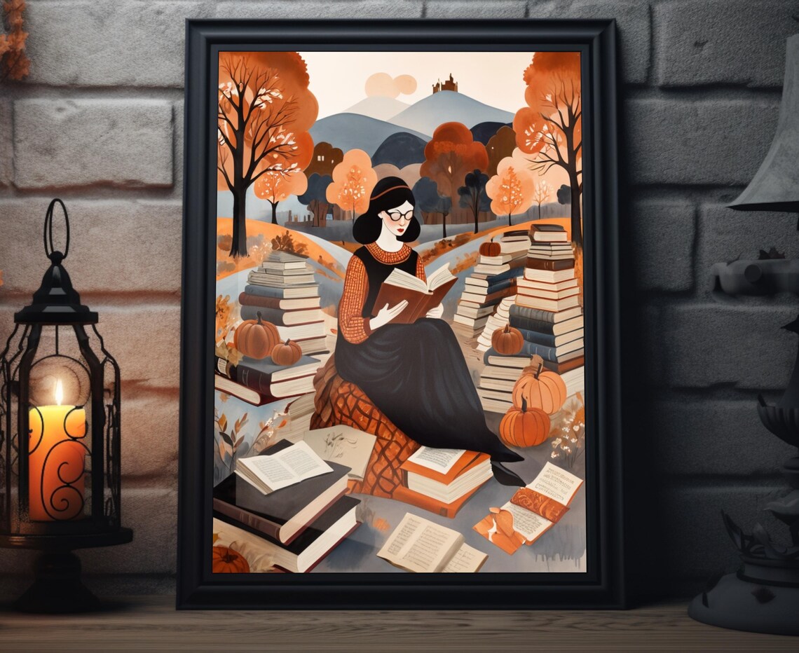 Woman Reading Book Towers Pumpkins Autumn Hills Fall Art Poster