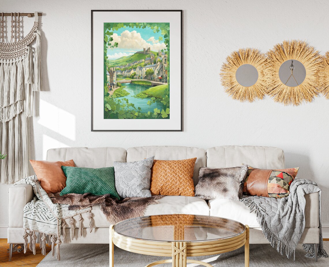 Ireland Castle Town River Bridge Shamrock Border Folk Art View Poster - Image 2