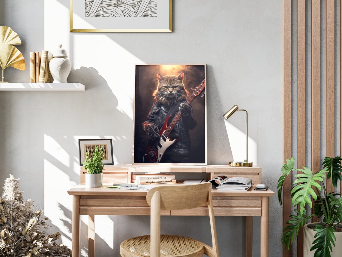 Rock Star Cat Playing Red Electric Guitar Leather Jacket Music Wall Art Poster - Image 4