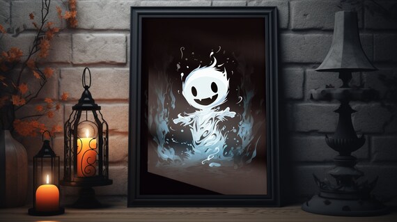 Cute Smiling Blue Fire Ghost Dark Spooky Halloween Art Poster