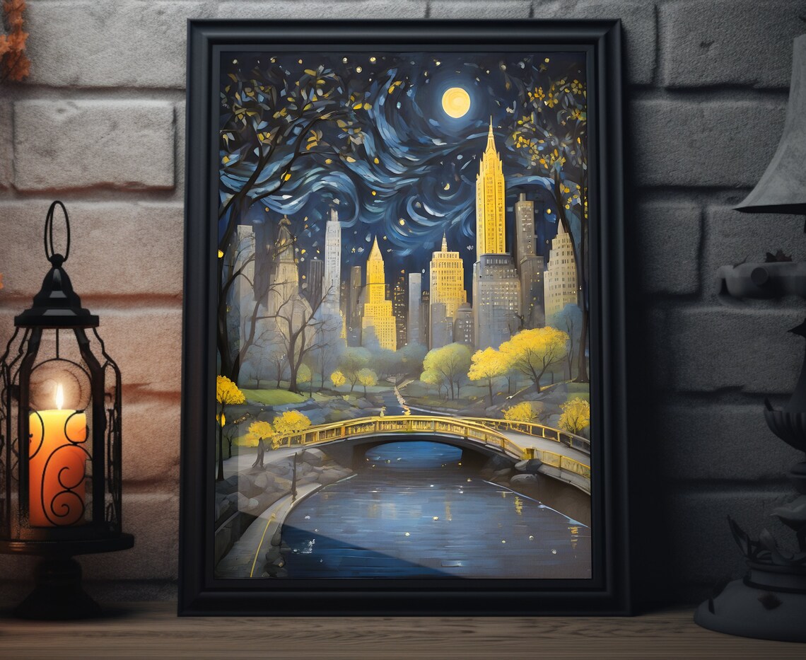 New York Central Park Night Bridge Moonlit Skyline Swirling Sky Art Poster