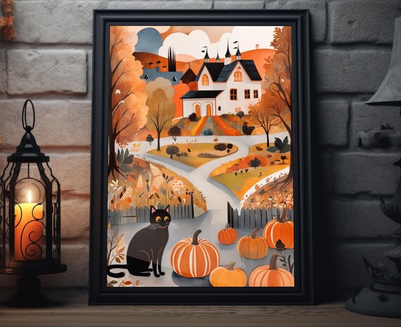 Fall Black Cat Folk Art Pumpkins Farmhouse Hill Autumn Village Scene Poster