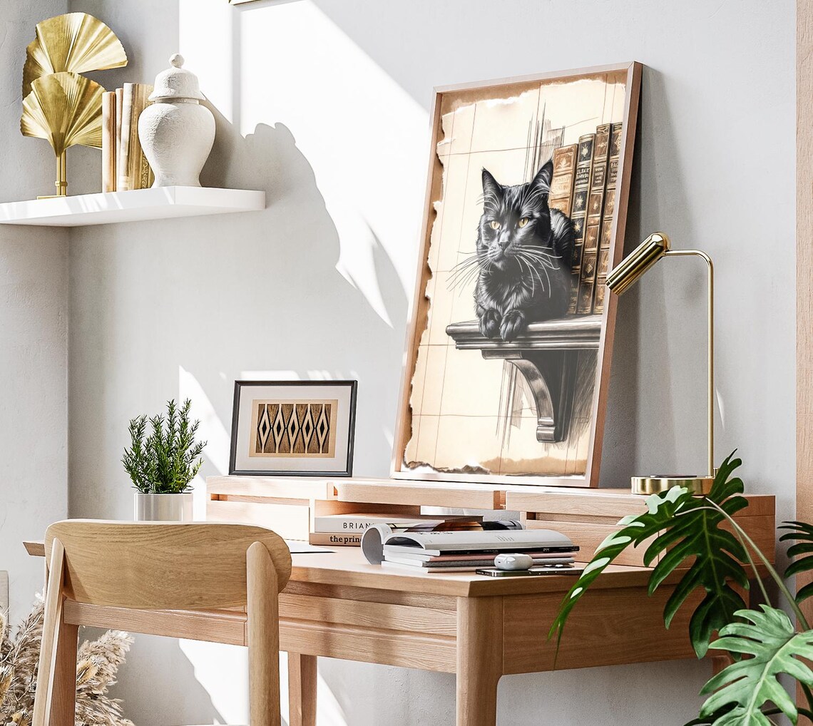 Black Cat Resting On Library Shelf Vintage Sketch Art Poster - Image 3