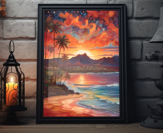 Hawaii Starry Sunset Matte Wall Art Hawaiian Beach Artwork Coastal Island Print Hawaii Painting Hawaiian Decor Hawaii Folk Art Poster