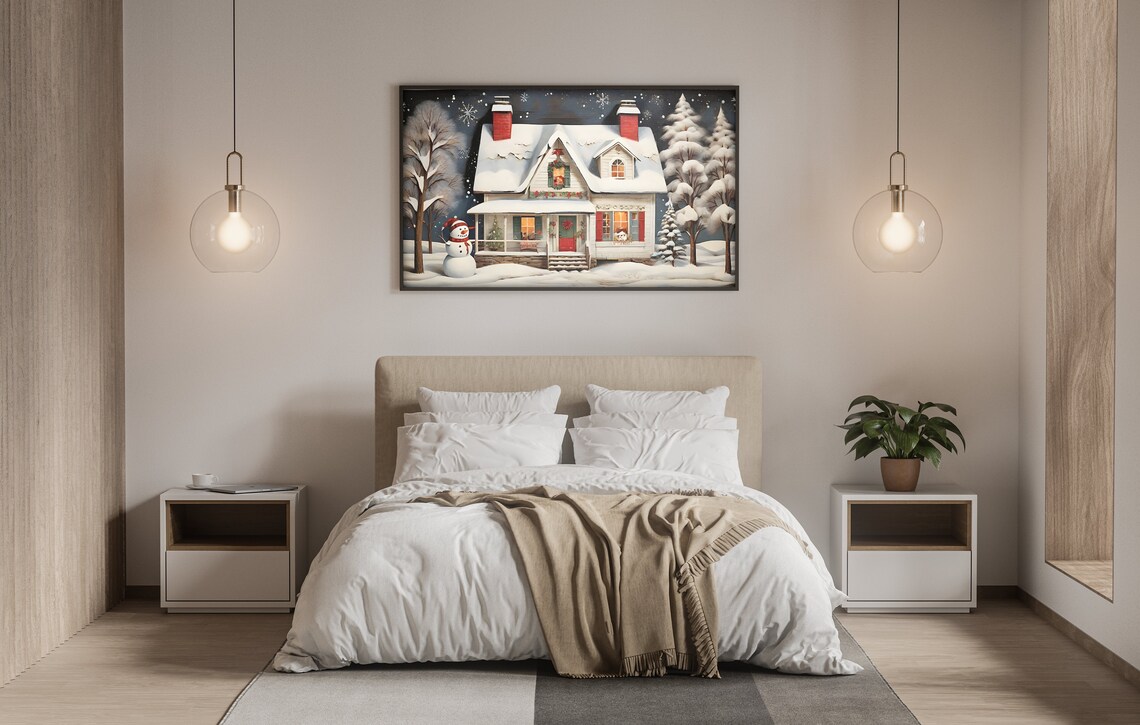 Snowy Christmas Cottage With Snowman Cozy Winter Night Art Poster - Image 3