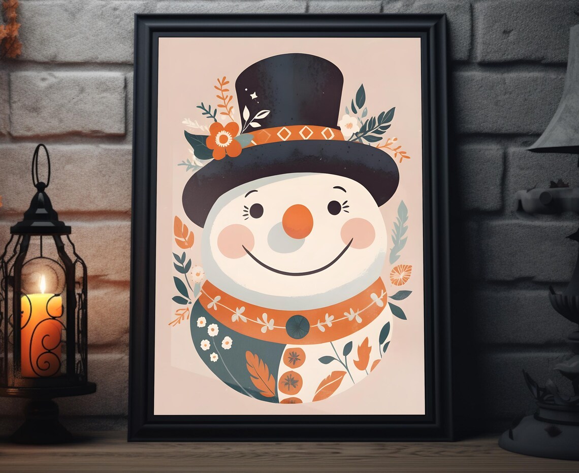 Boho Snowman Top Hat Patterned Scarf Smiling Winter Holiday Poster