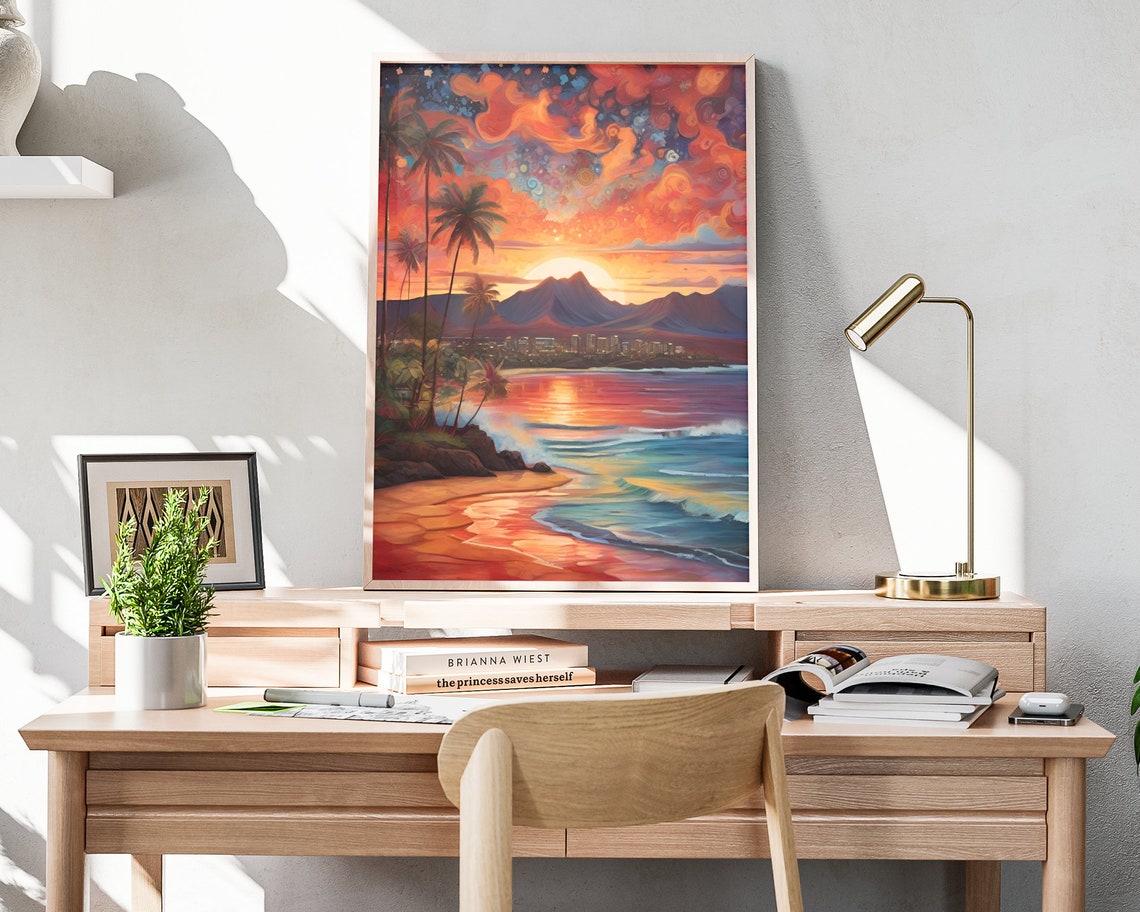 Hawaii Starry Sunset Matte Wall Art Hawaiian Beach Artwork Coastal Island Print Hawaii Painting Hawaiian Decor Hawaii Folk Art Poster - Image 3