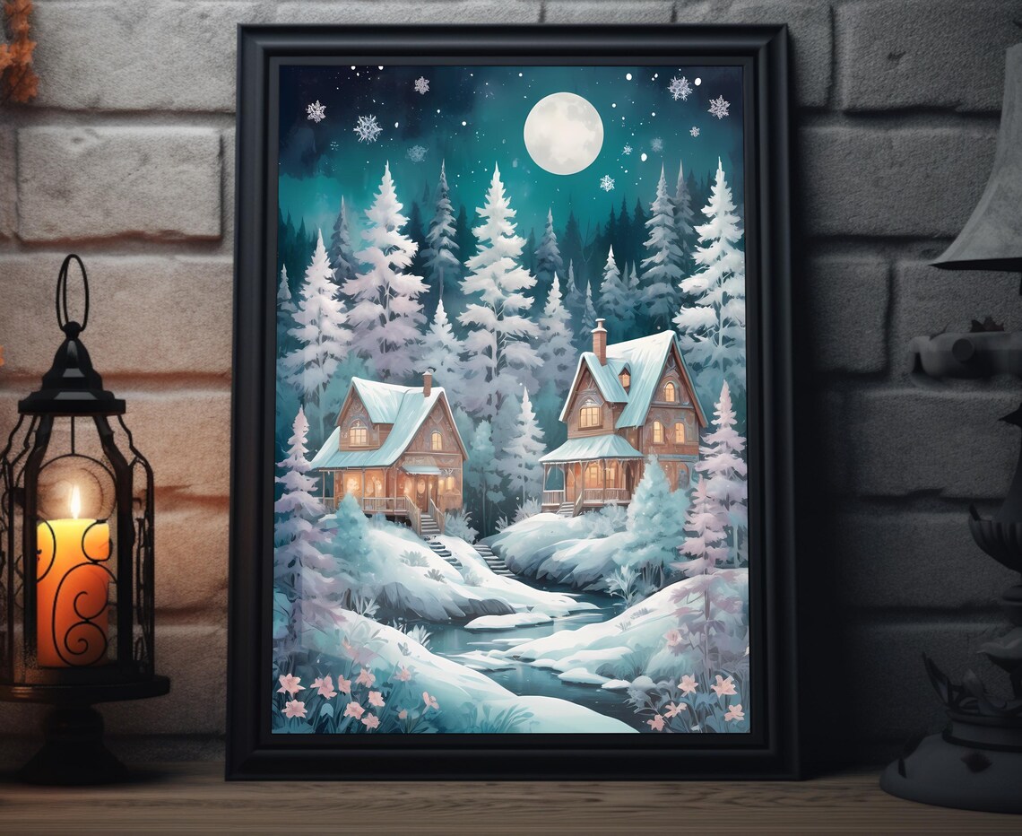Snowy Winter Cabins Moonlit Pines Night Landscape Art Poster