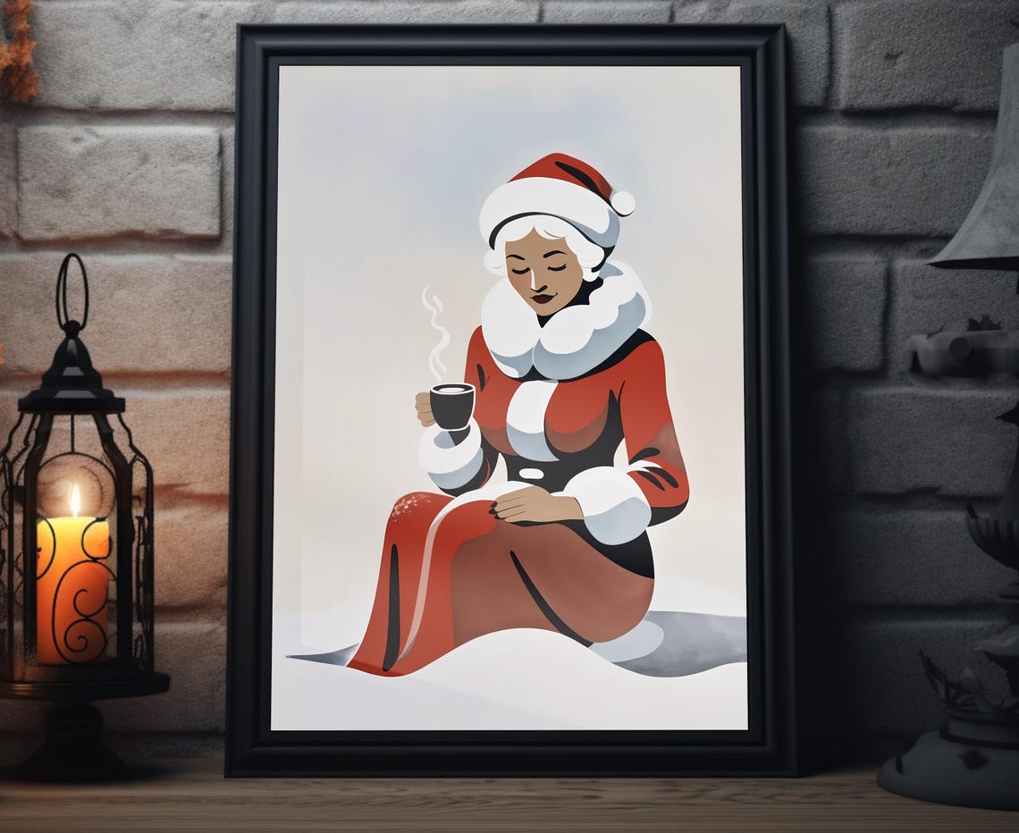 Mrs Claus Snowy Cocoa Break Minimalist Christmas Wall Art Poster