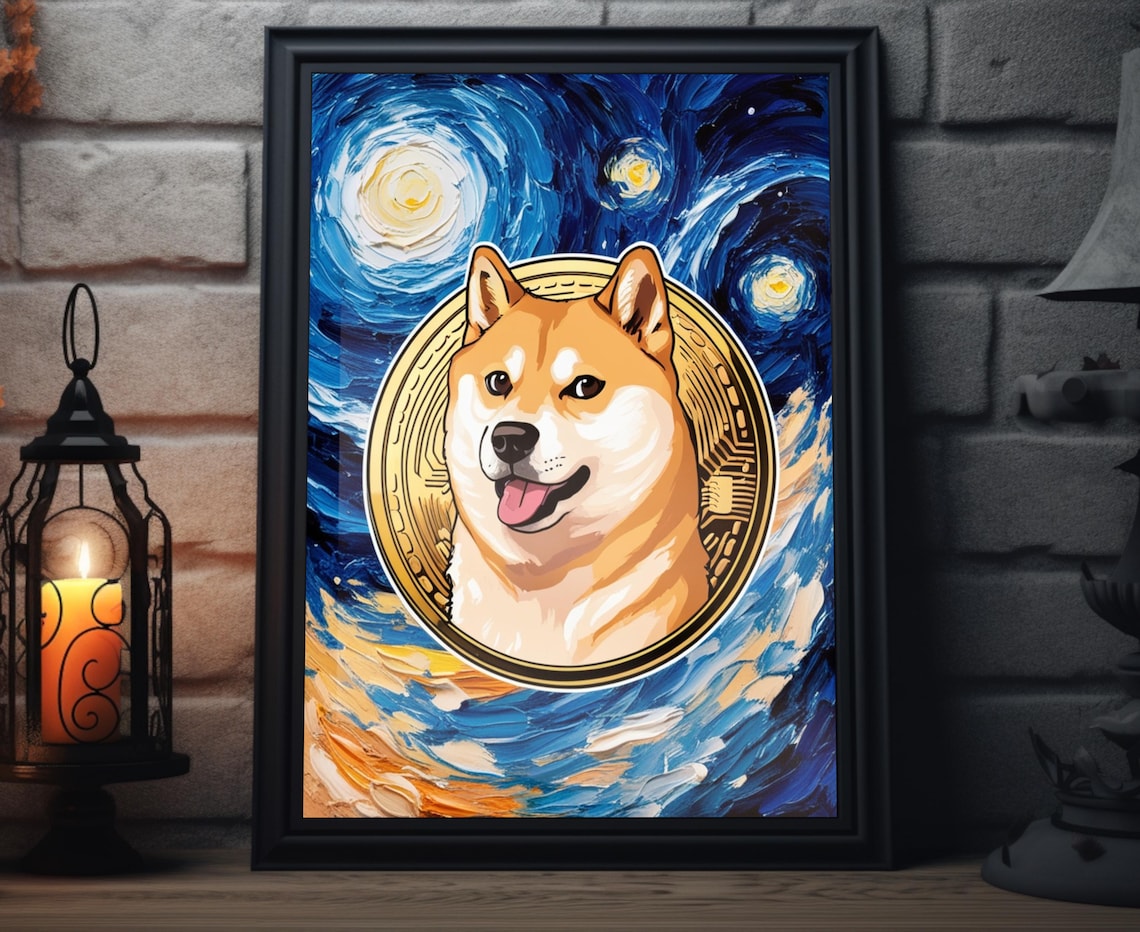 Dogecoin Shiba Inu Gold Coin Starry Night Swirl Crypto Meme Wall Art Poster